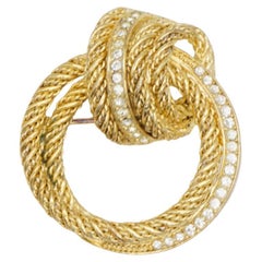 Christian Dior Vintage Rare GROSSE Gold Crystals Circle Interlocked Rope Brooch