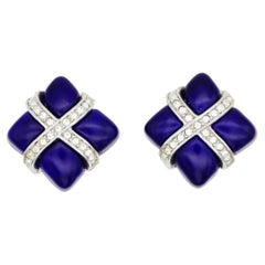 Christian Dior Vintage Rare GROSSE Lapis Navy Square Cross Crystals Earrings