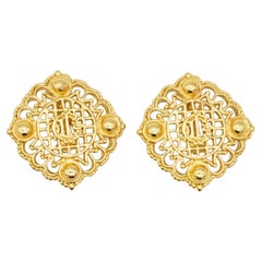 Christian Dior Vintage Rare Huge Massive Openwork Crest Logo Insignia Earrings