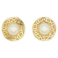 Christian Dior Vintage Rare Iconic White Pearl Circle CD Elegant Clip Earrings