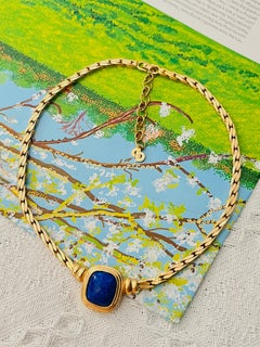 Christian Dior Vintage Rare Lapis Blue Stone Octagon Oval Cabochon Gold Necklace
