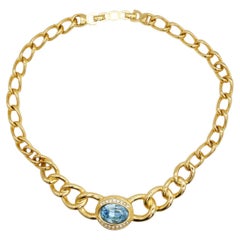 Collier vintage Christian Dior rare, de grande taille, avec cristaux bleu aqua et maillons entrelacés Omega
