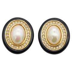 Christian Dior Vintage Rare Large Gold Black White Pearl Crystals Oval Earrings