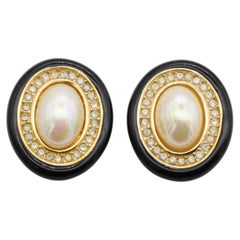 Christian Dior Vintage Rare Large Gold Black White Pearl Crystals Oval Earrings