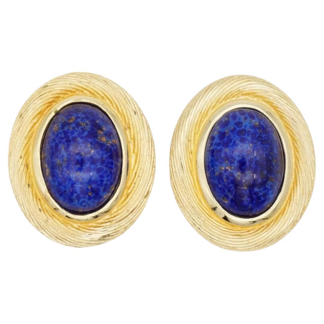 Christian Dior Vintage Rare Large Lapis Foil Navy Blue Oval Chunky Clip Earrings