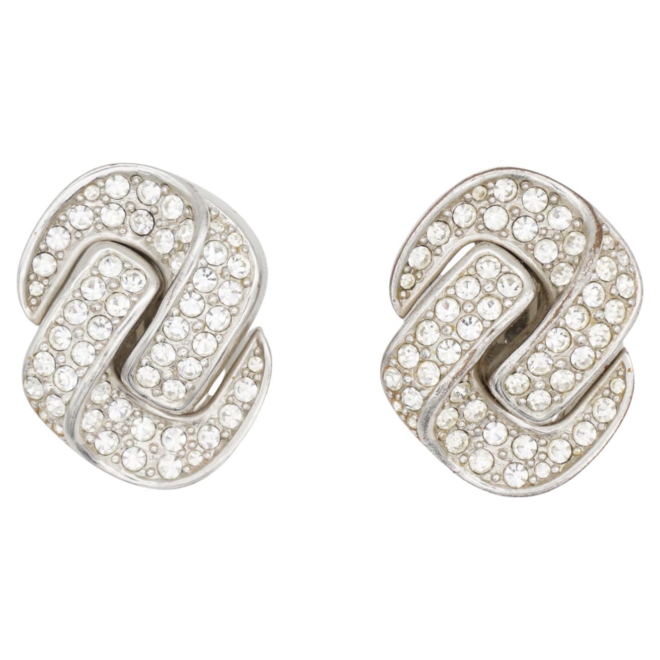 Christian Dior Vintage Rare Large Silver Crystals Interlocked Chunky Earrings