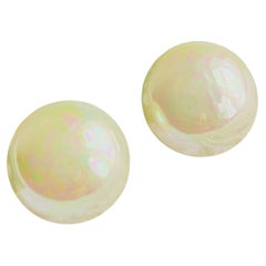 Christian Dior Vintage Rare Large White Pearl Round Aurora Silver Clip Earrings