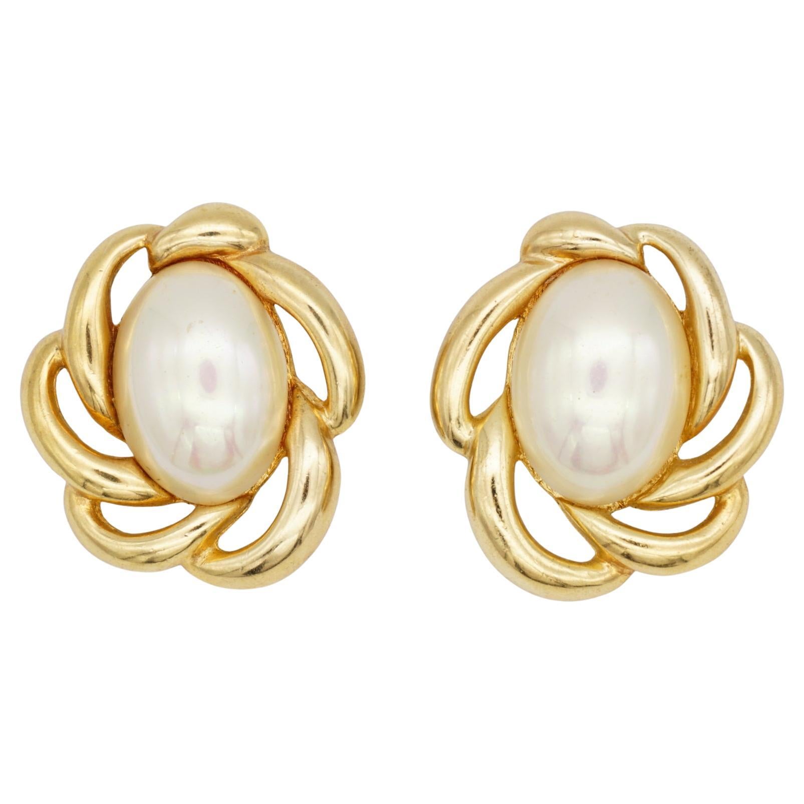 Christian Dior Vintage Rare Massive Huge Oval Pearl White Flower Chunky Earrings