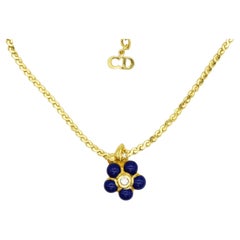 Christian Dior Vintage – Seltene, marineblaue und goldene Halskette mit niedlichen Blumen- und Blattmotiven aus Kristallen