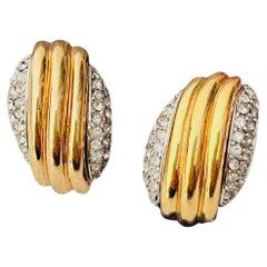 Christian Dior Vintage Rare Silver Gold Shell Double Crystals Chunky Earrings