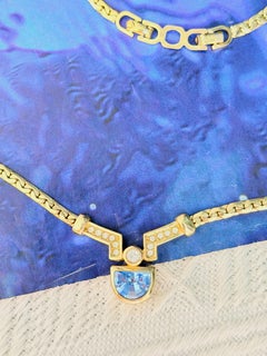 Christian Dior Vintage Rare Unisex Gold Blue Aqua Semi Circle Drop Necklace