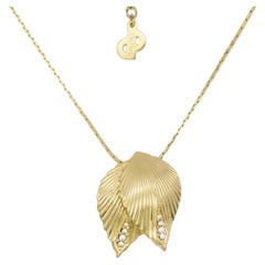 Christian Dior Vintage Rare Unisex Gold Double Curled Leaf Crystals Necklace