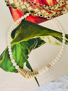 Christian Dior Vintage Rare White Pearls Round Beads Triangle Crystals Necklace