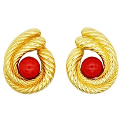 Christian Dior Vintage Red Cabochon Double Rope Swirl Chunky Gold Clip Earrings