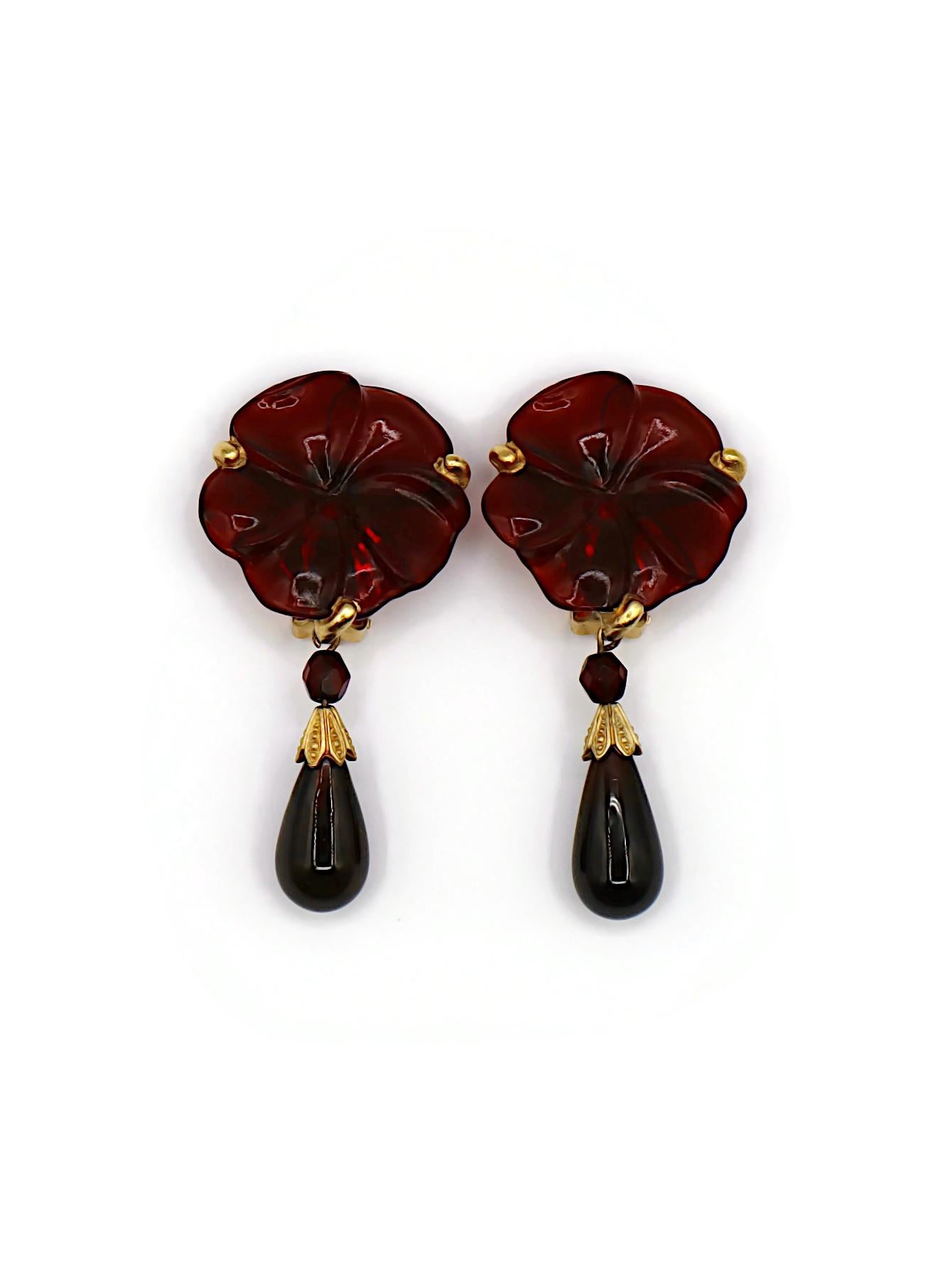 CHRISTIAN DIOR Vintage Red Glass Flower Dangle Earrings For Sale 1
