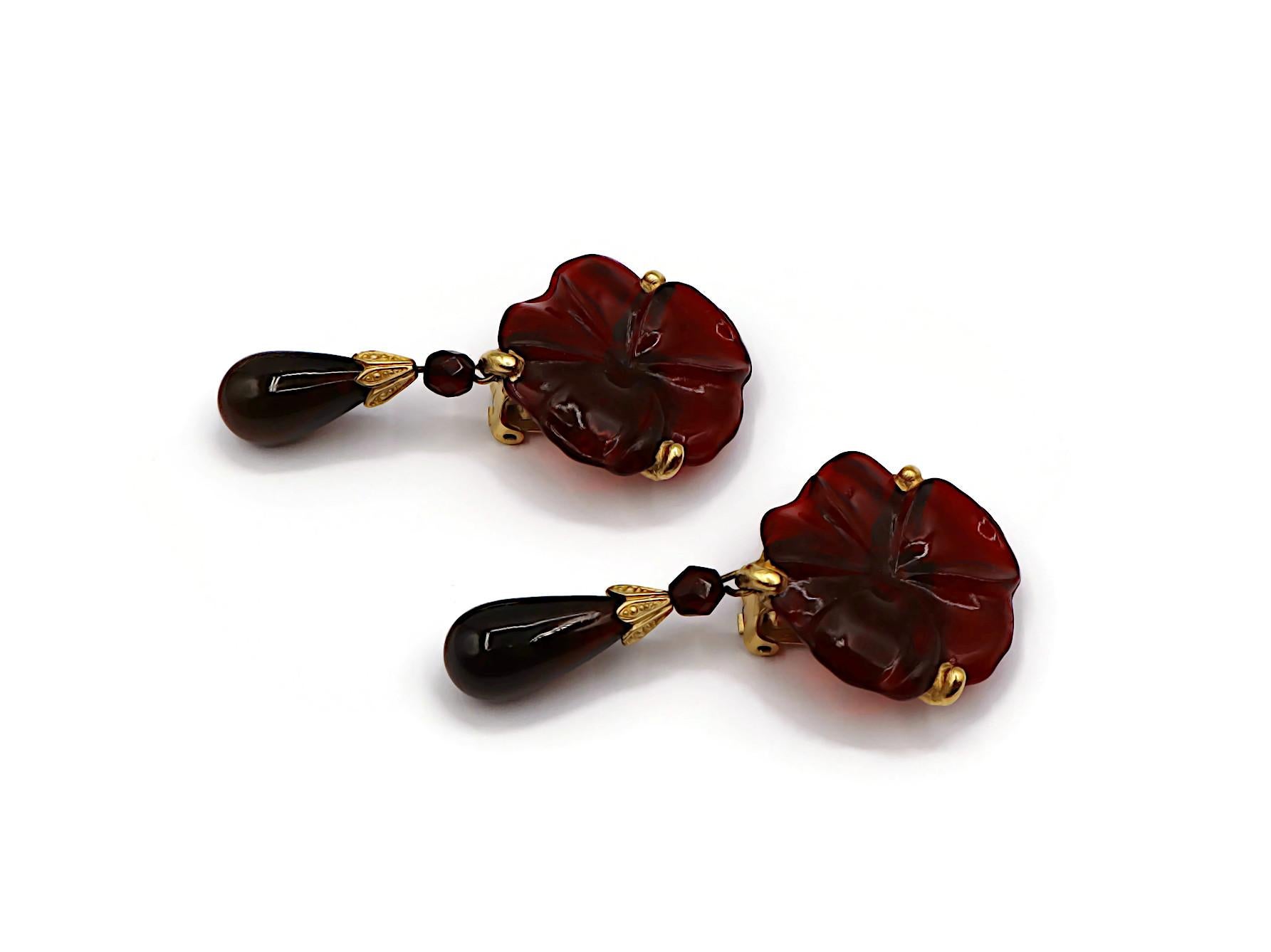 CHRISTIAN DIOR Vintage Red Glass Flower Dangle Earrings For Sale 2