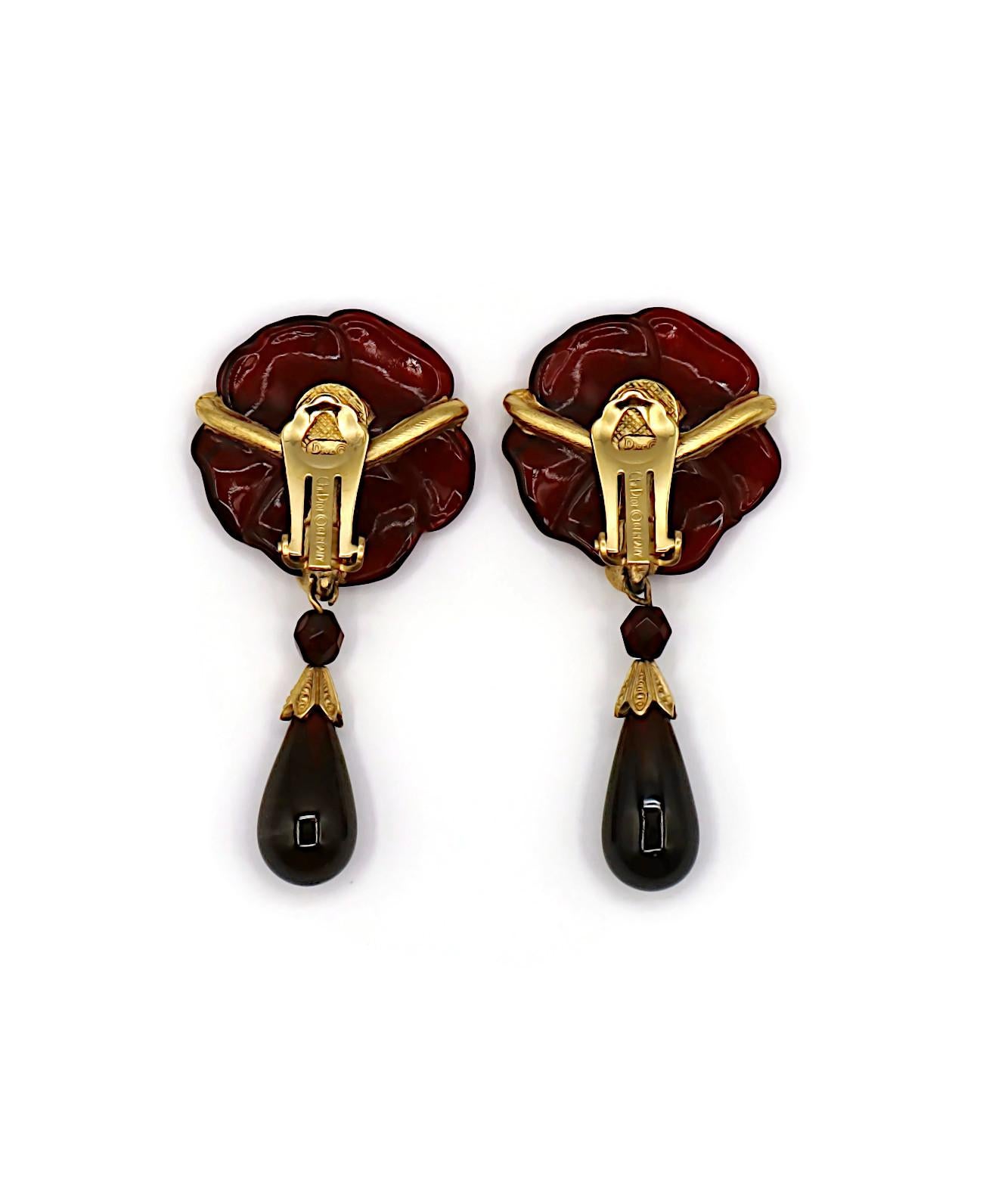 CHRISTIAN DIOR Vintage Red Glass Flower Dangle Earrings For Sale 3