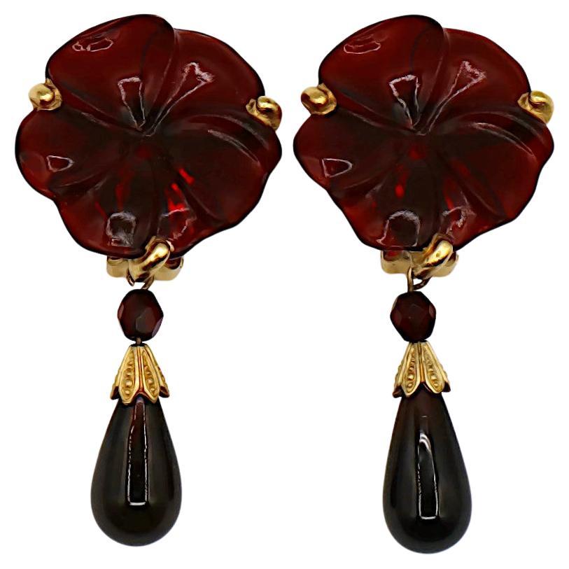 CHRISTIAN DIOR Vintage Red Glass Flower Dangle Earrings For Sale