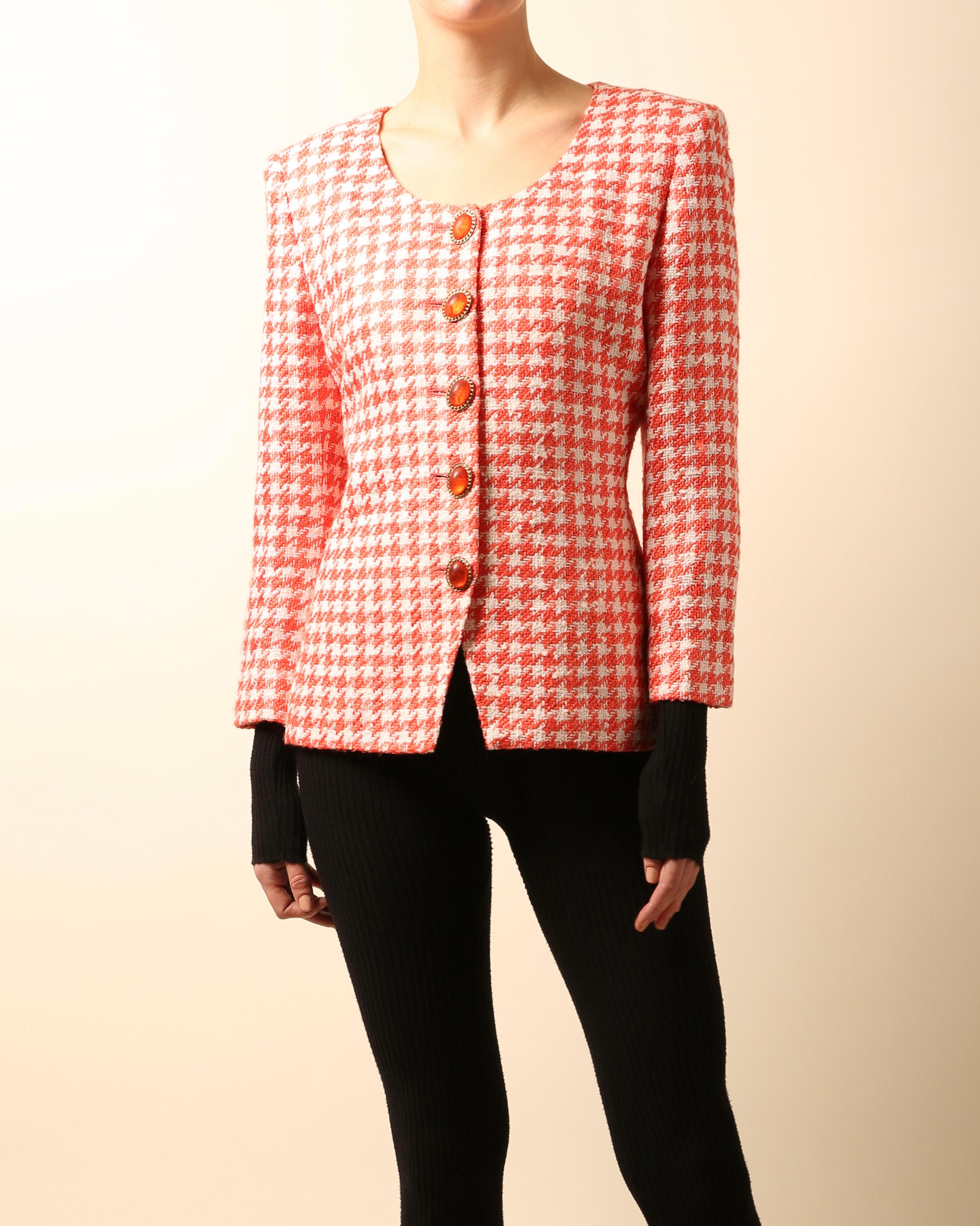 Christian Dior Vintage red white tweed gingham check print jewel blazer jacket For Sale 6