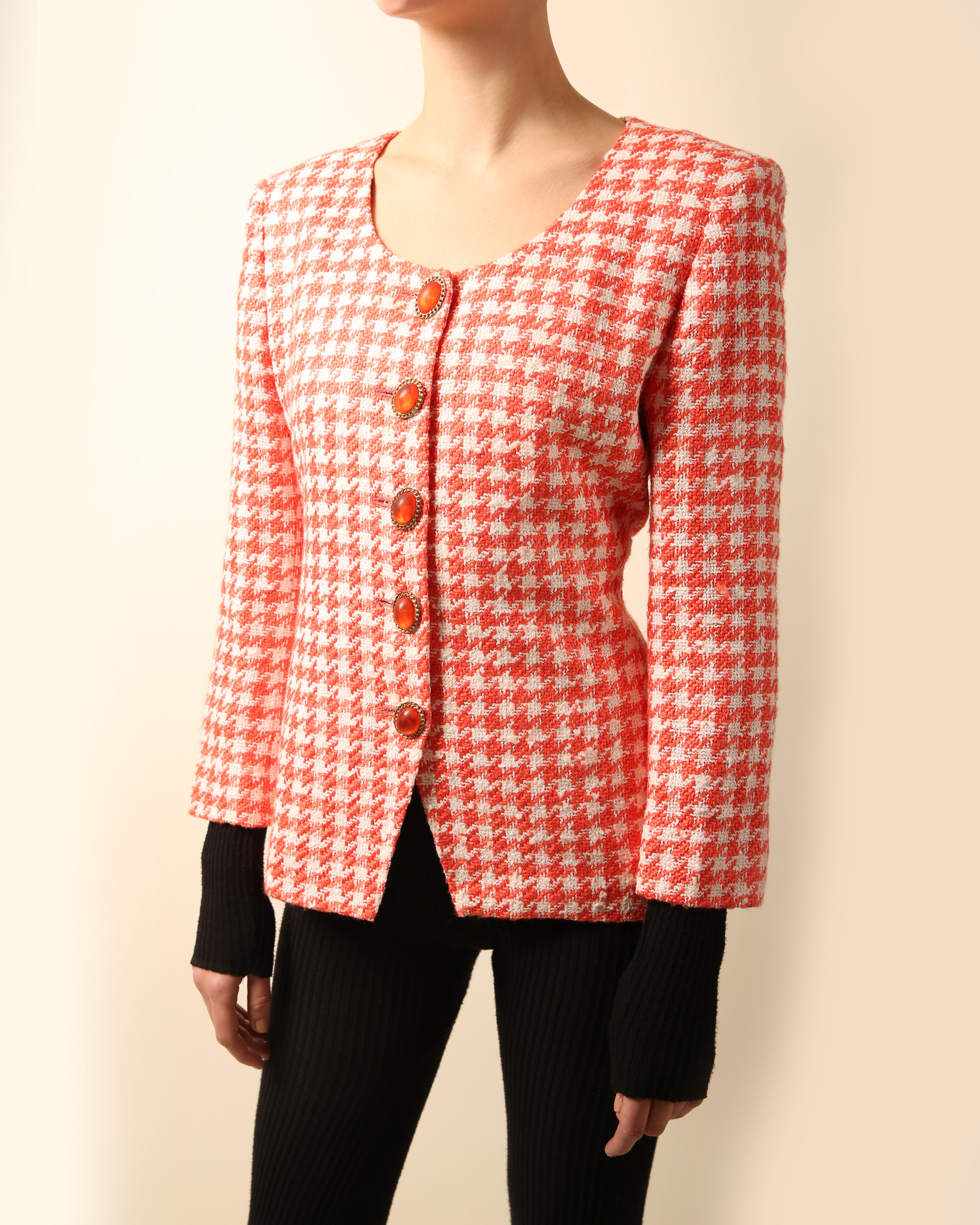 Christian Dior Vintage red white tweed gingham check print jewel blazer jacket For Sale 7