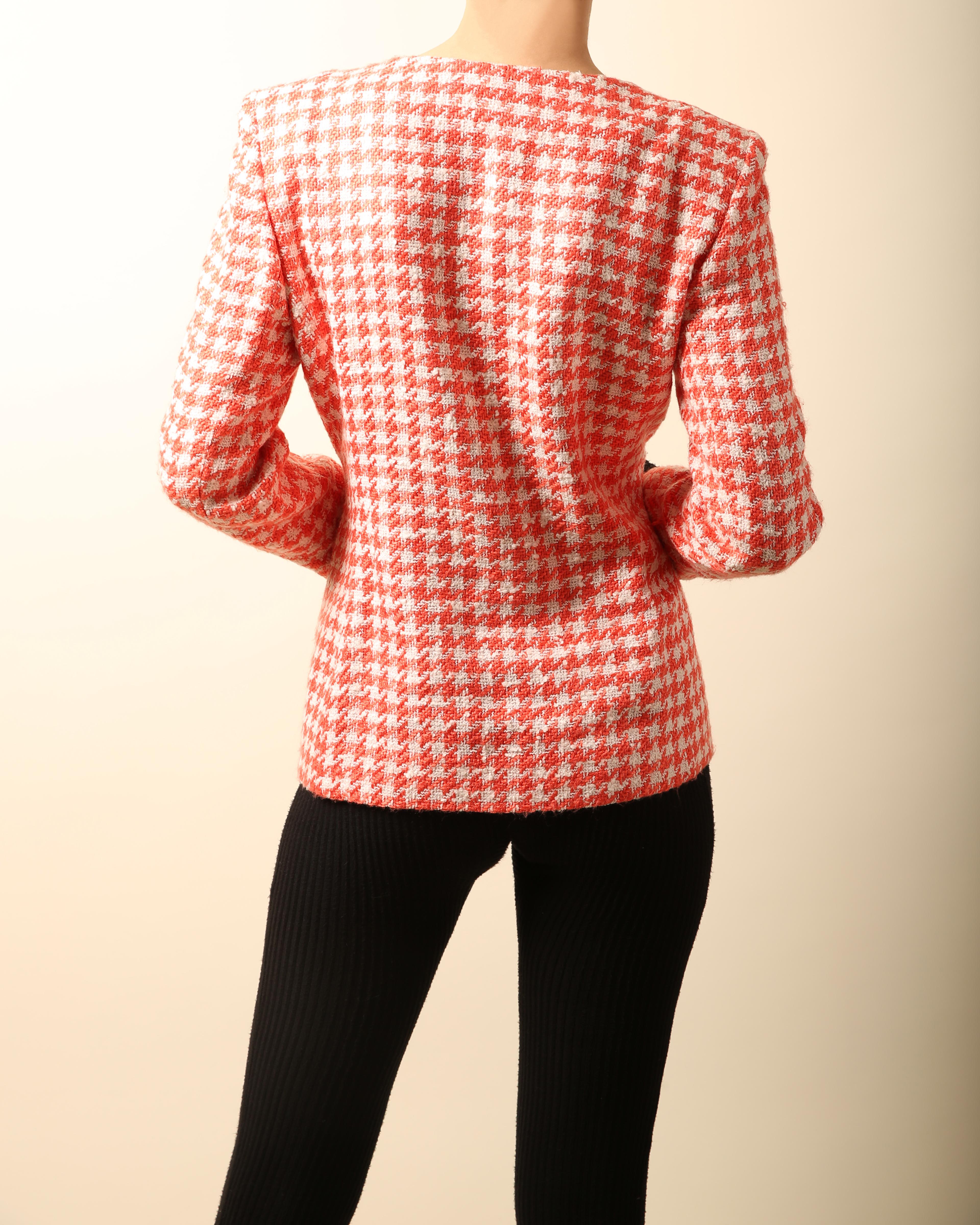 Christian Dior Vintage red white tweed gingham check print jewel blazer jacket 7