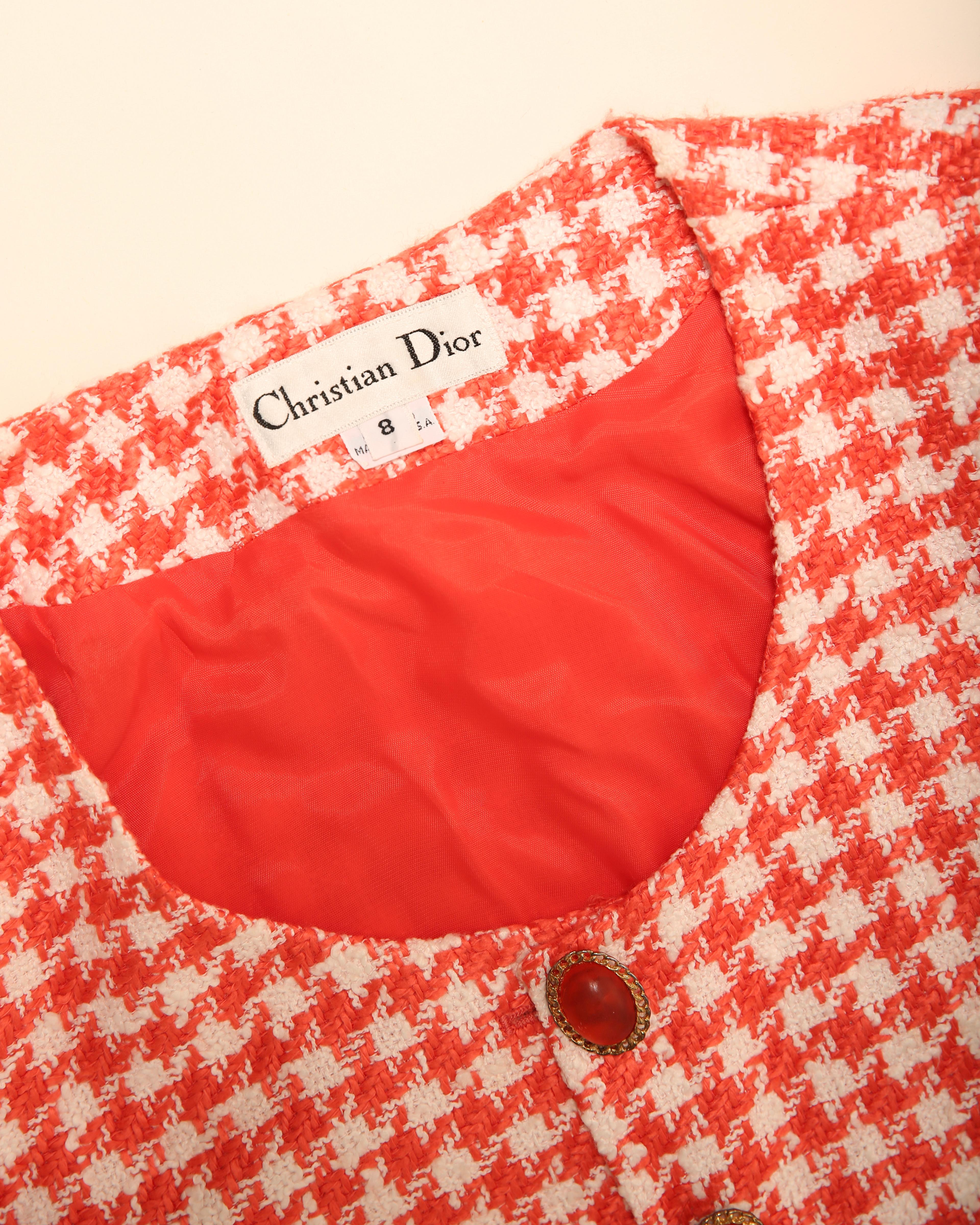 Christian Dior Vintage red white tweed gingham check print jewel blazer jacket 9