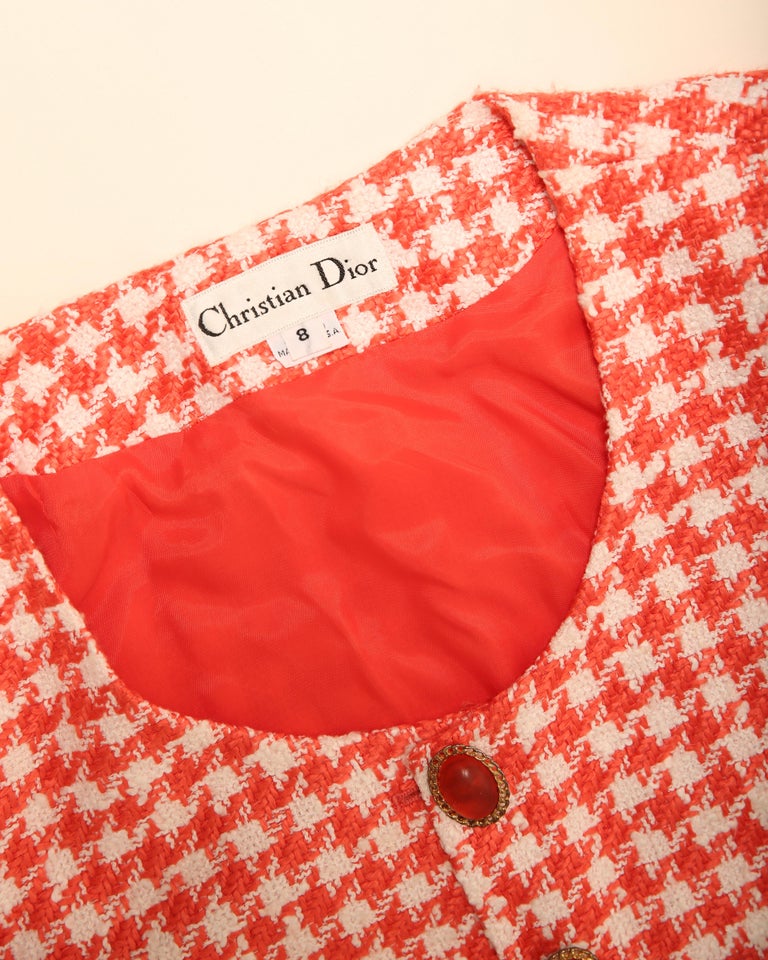 Christian Dior Vintage red white tweed gingham check print jewel