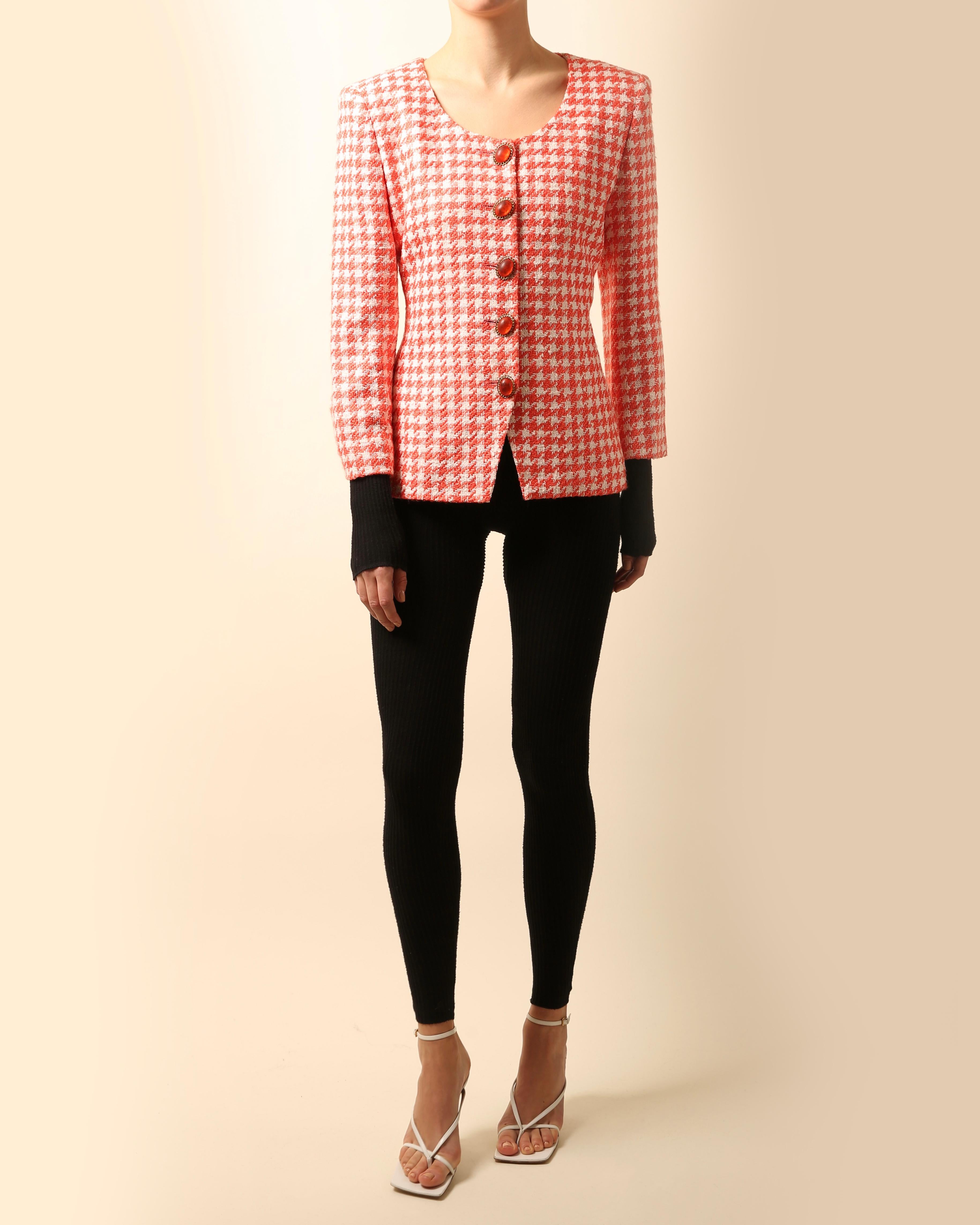 Christian Dior Vintage blazer style jacket in red and white checkered tweed
Oversized jewel buttons
Padded shoulders to create a beautifully structured fit

Composition: 
Unknown - composition labels have been removed

Size:
Marked a US 8 but will