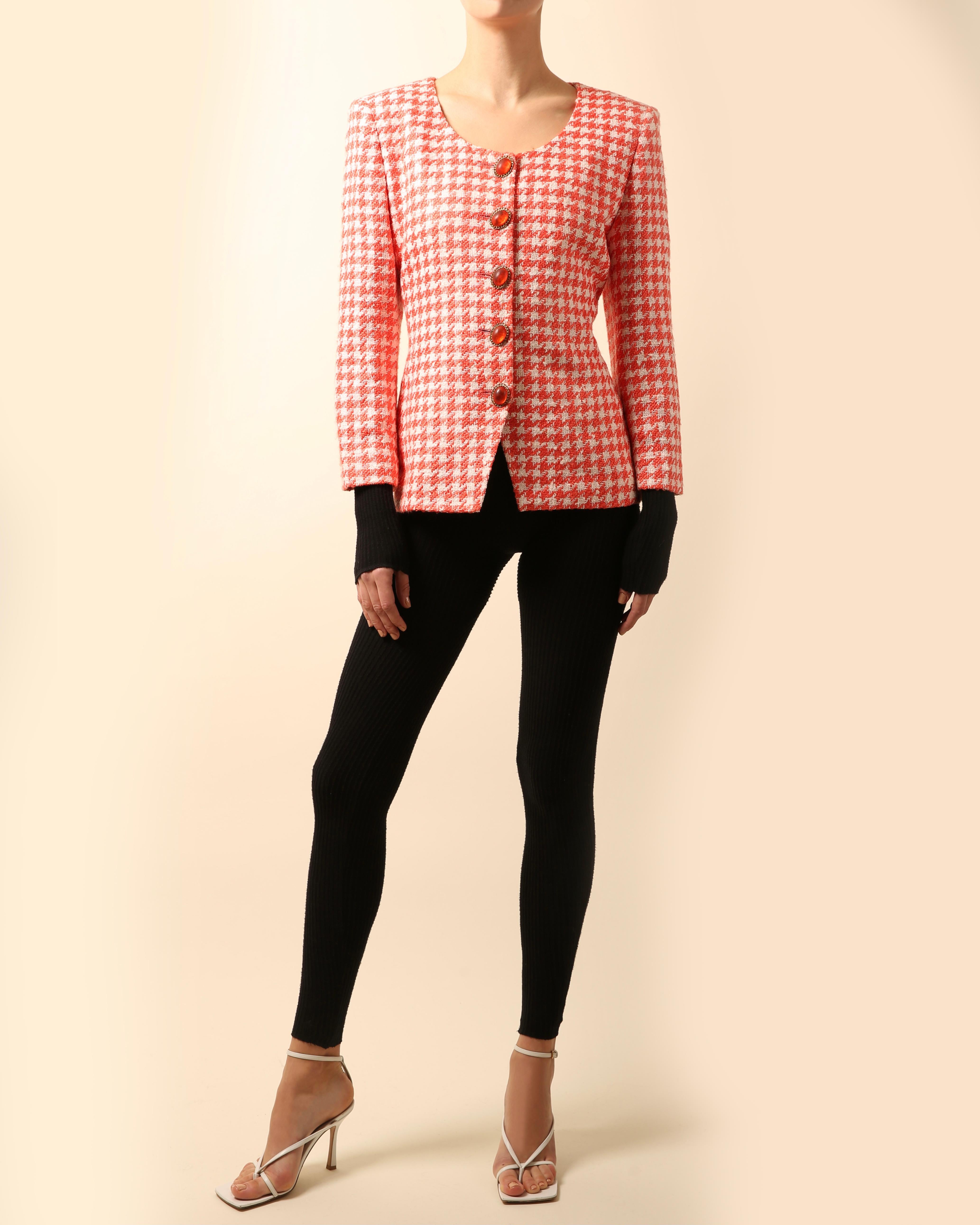 Orange Christian Dior Vintage red white tweed gingham check print jewel blazer jacket