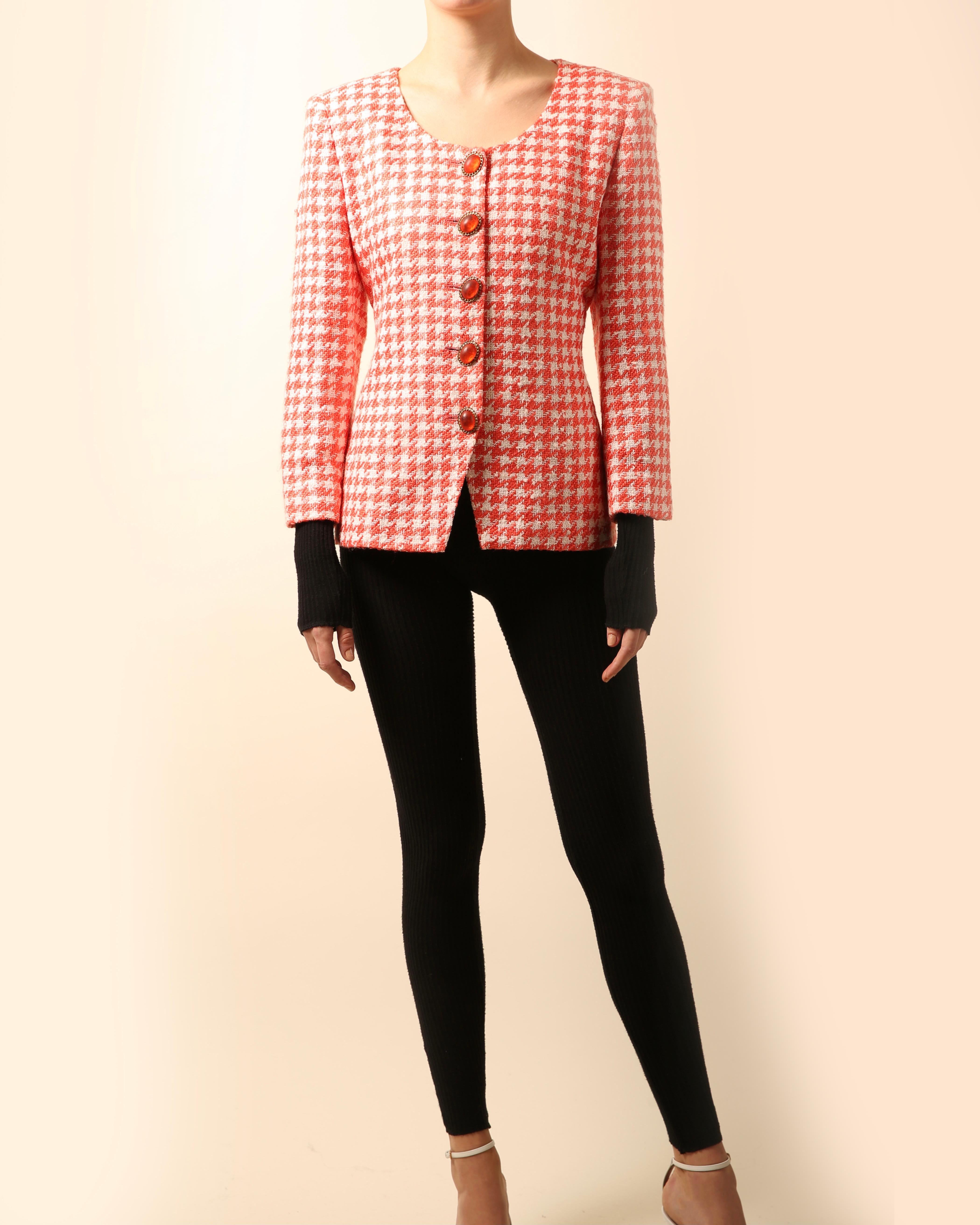 Christian Dior Vintage red white tweed gingham check print jewel blazer jacket In Excellent Condition In Milano, Lombardia