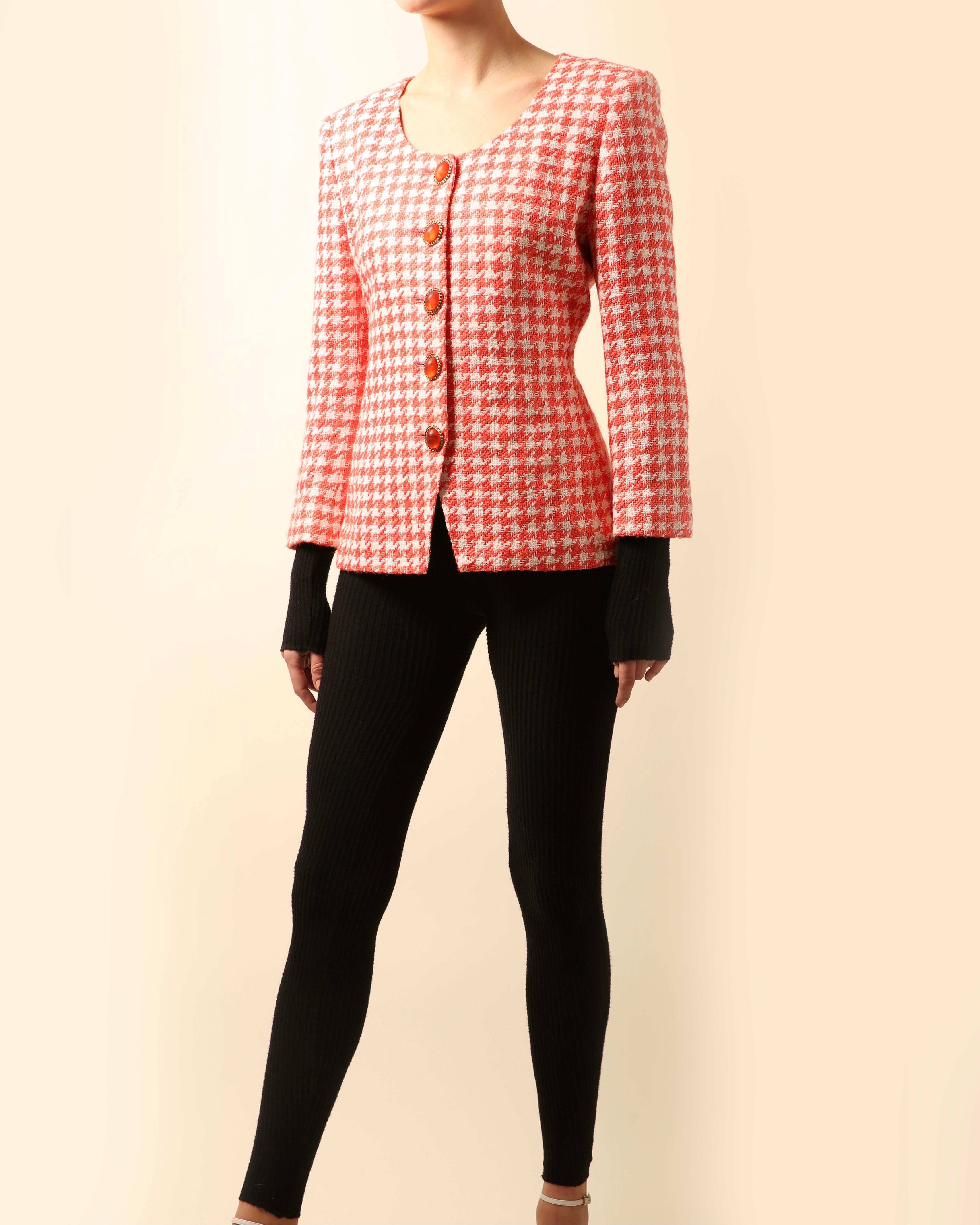 Christian Dior Vintage red white tweed gingham check print jewel blazer jacket For Sale 1