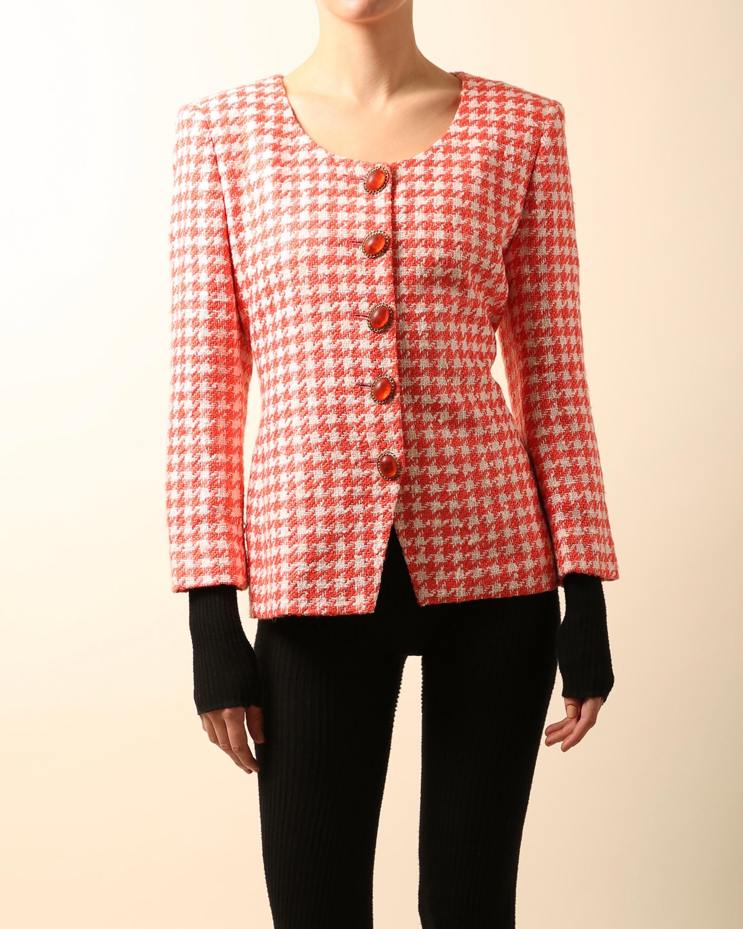 Christian Dior Vintage red white tweed gingham check print jewel blazer jacket In Excellent Condition In Paris, FR