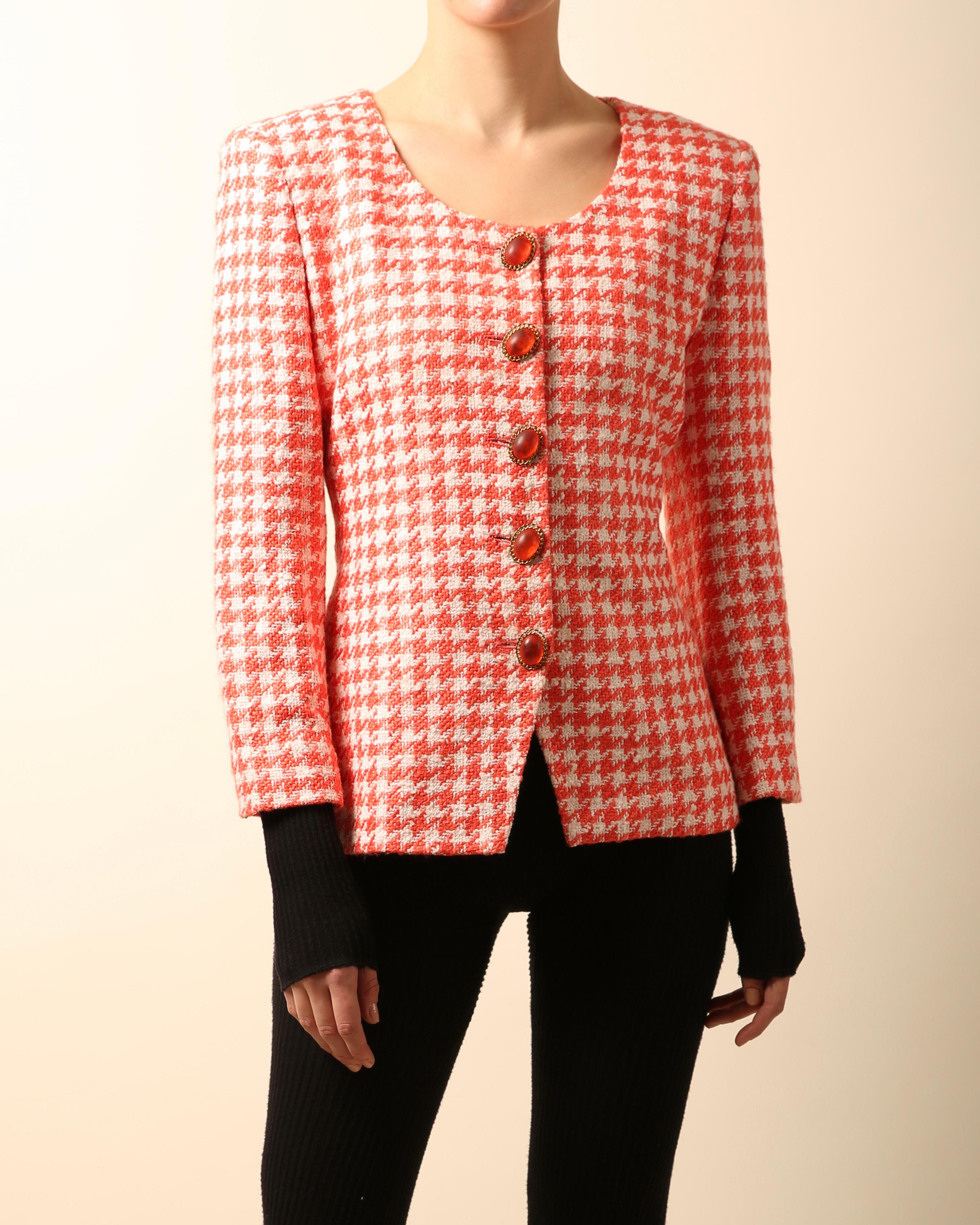 Christian Dior Vintage red white tweed gingham check print jewel blazer jacket For Sale 4