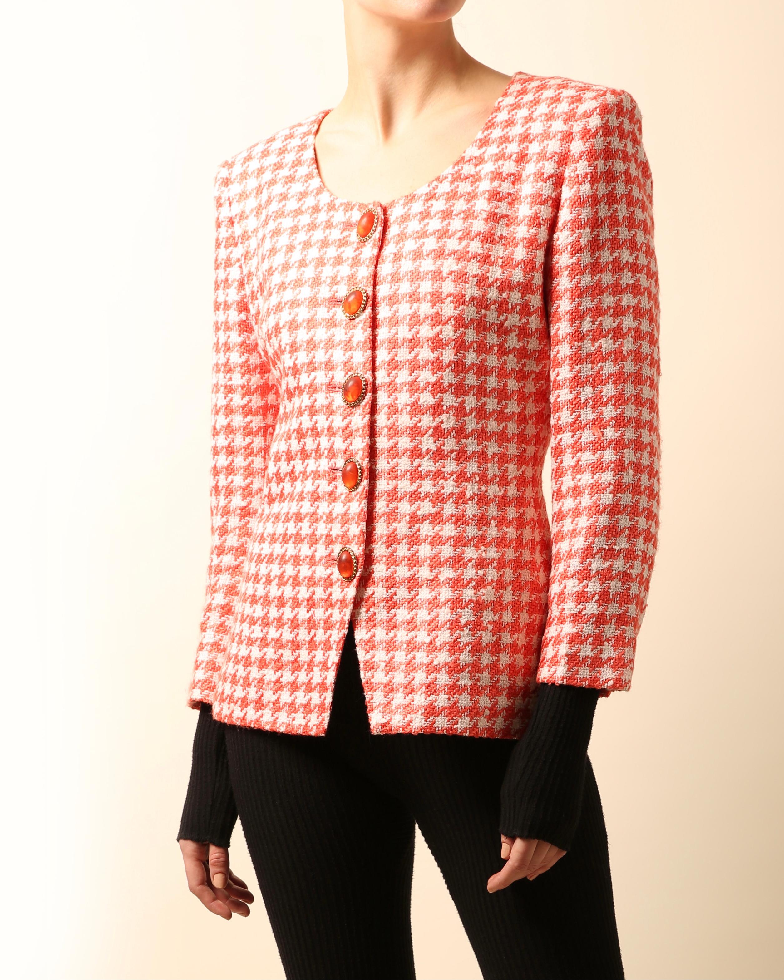 Christian Dior Vintage red white tweed gingham check print jewel blazer jacket For Sale 5