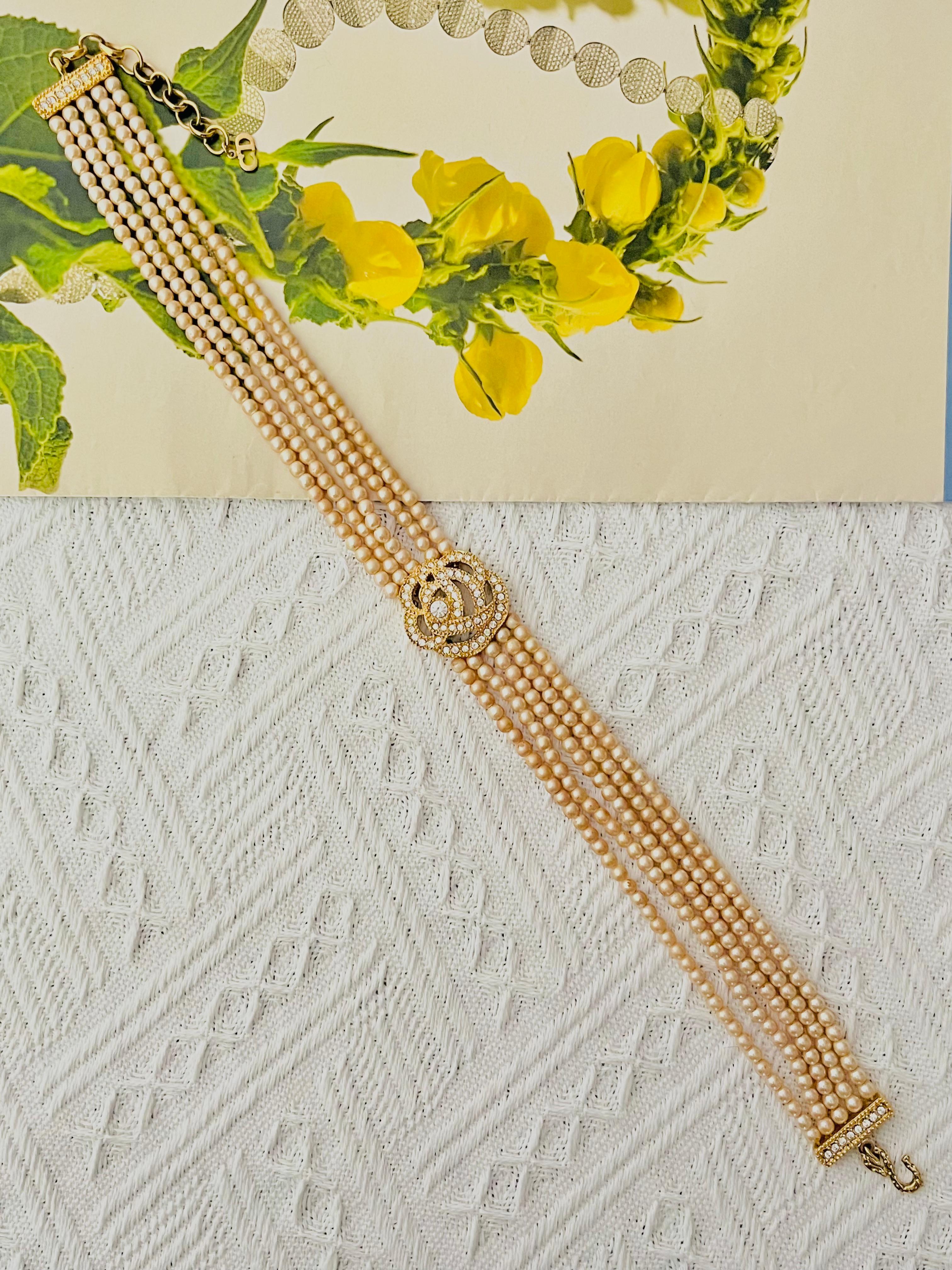 Art Deco Christian Dior Vintage Rose Crystals Openwork Pearls Five Layer Choker Necklace For Sale