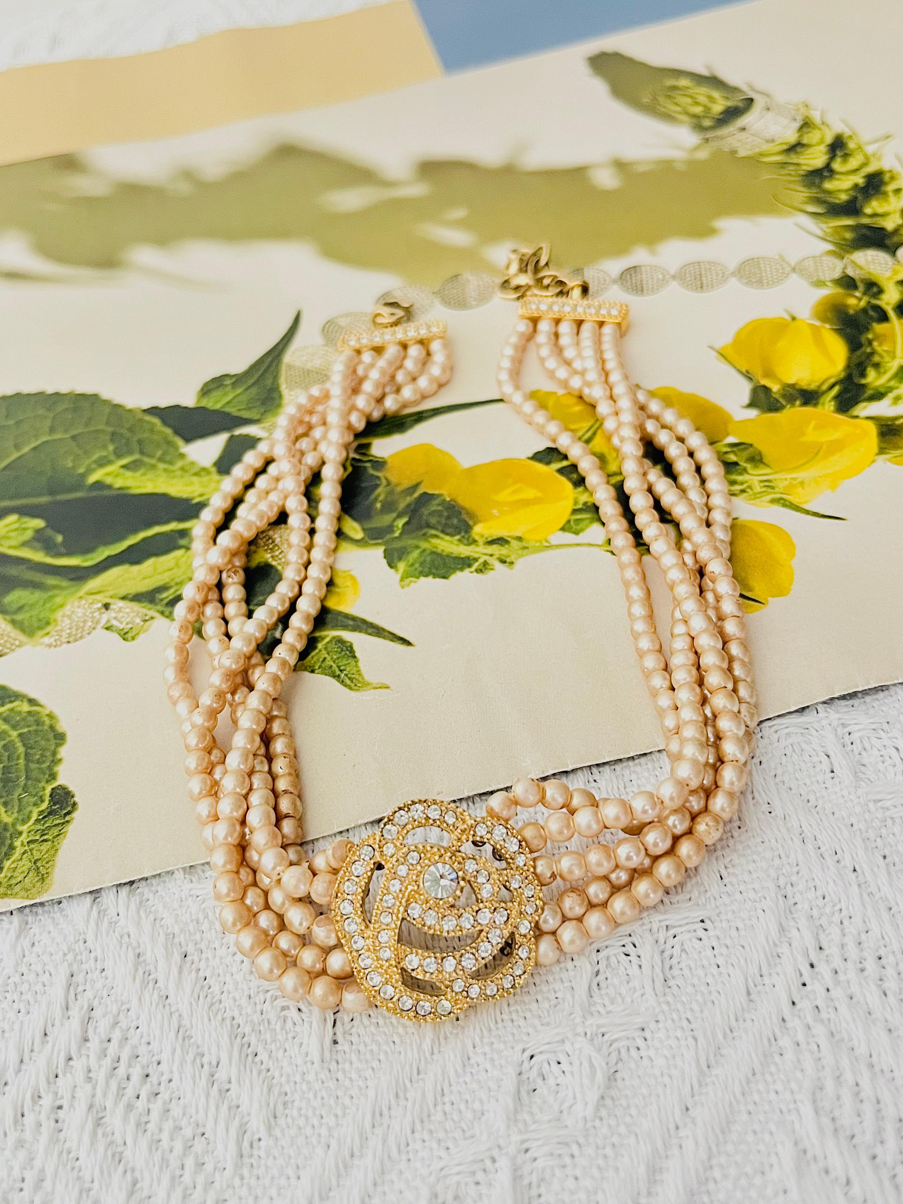 Christian Dior Vintage Rose Crystals Openwork Pearls Five Layer Choker Necklace In Good Condition For Sale In Wokingham, England