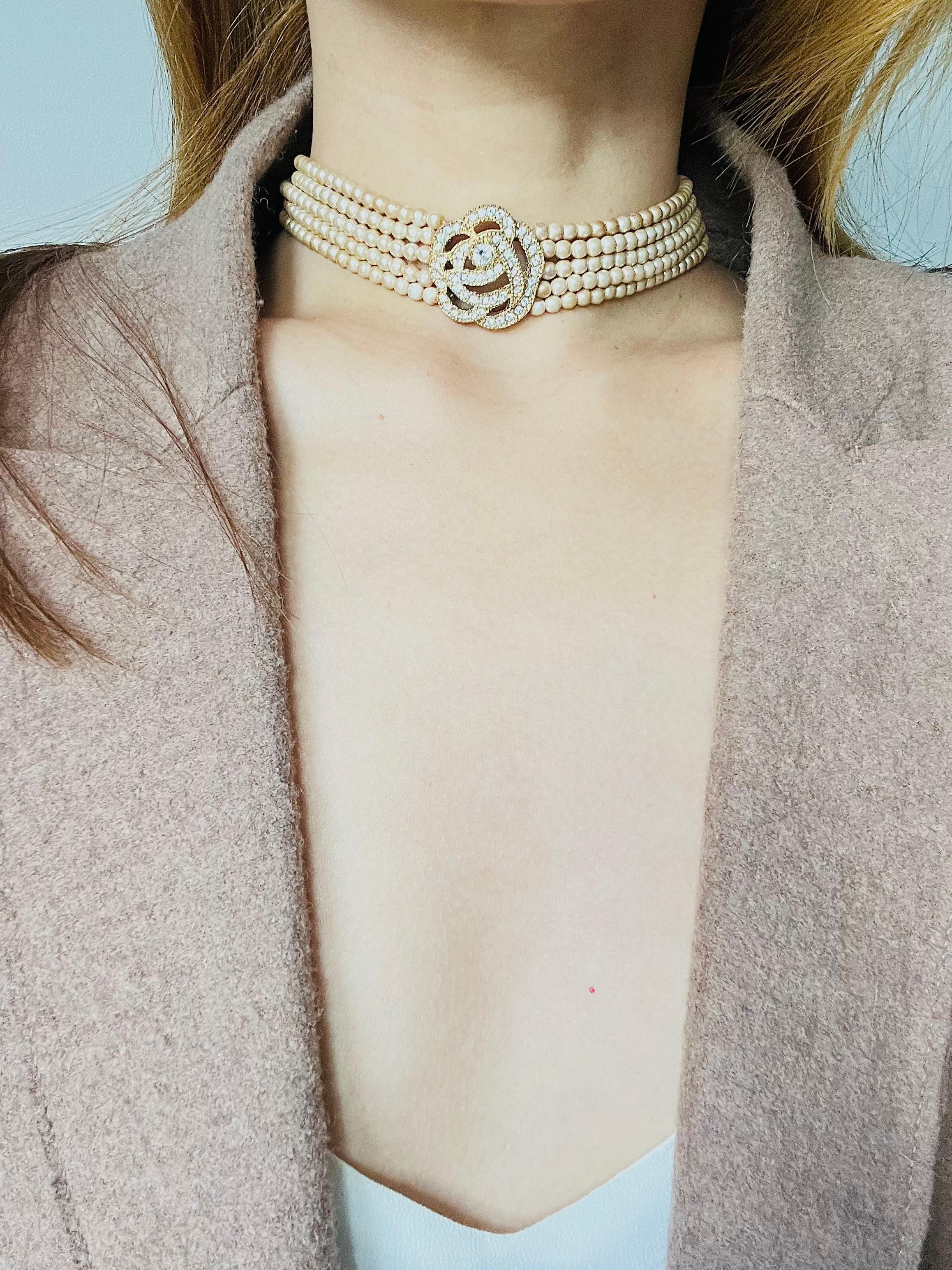 Women's or Men's Christian Dior Vintage Rose Crystals Openwork Pearls Five Layer Choker Necklace For Sale