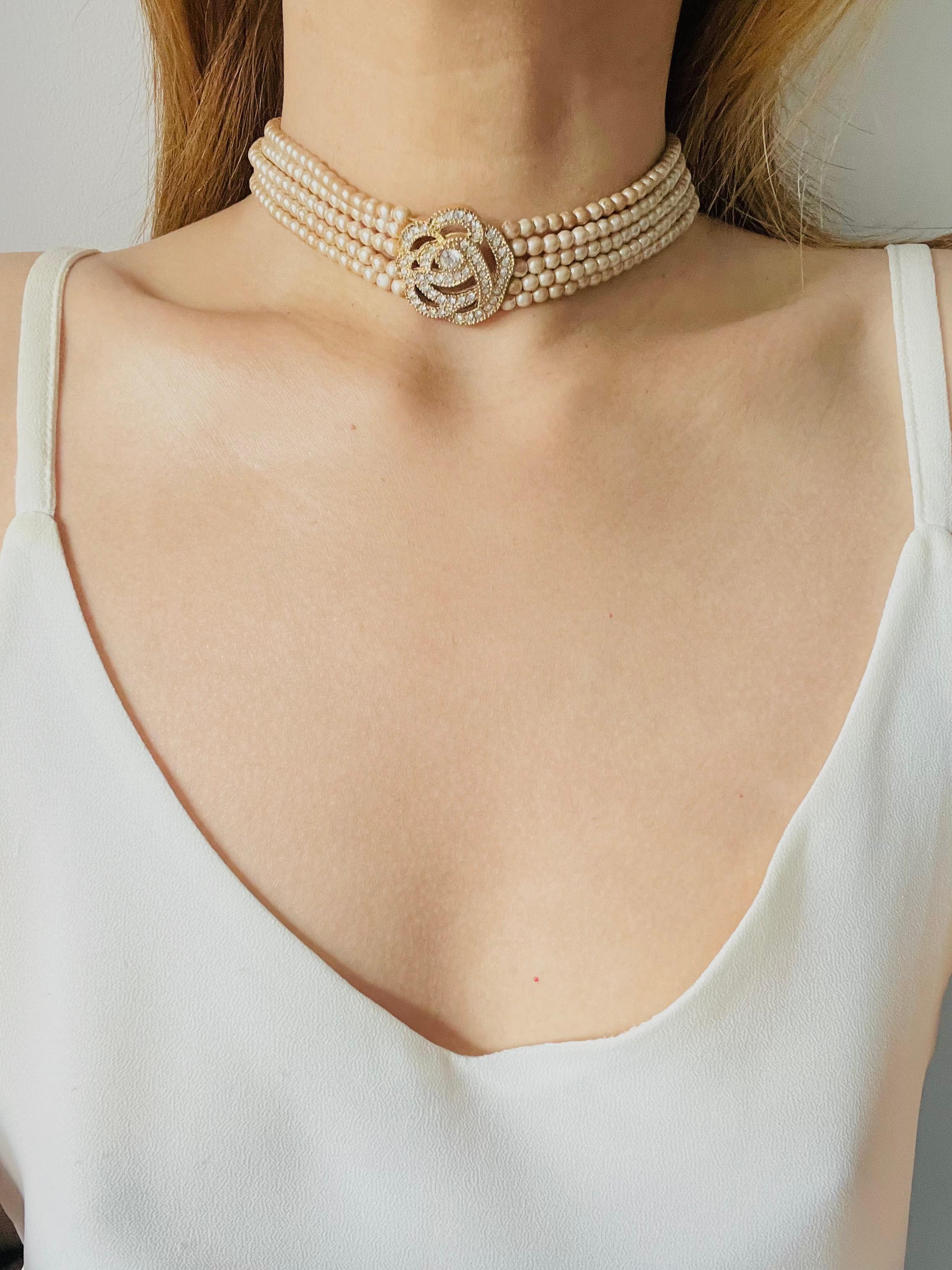 Christian Dior Vintage Rose Crystals Openwork Pearls Five Layer Choker Necklace For Sale 1