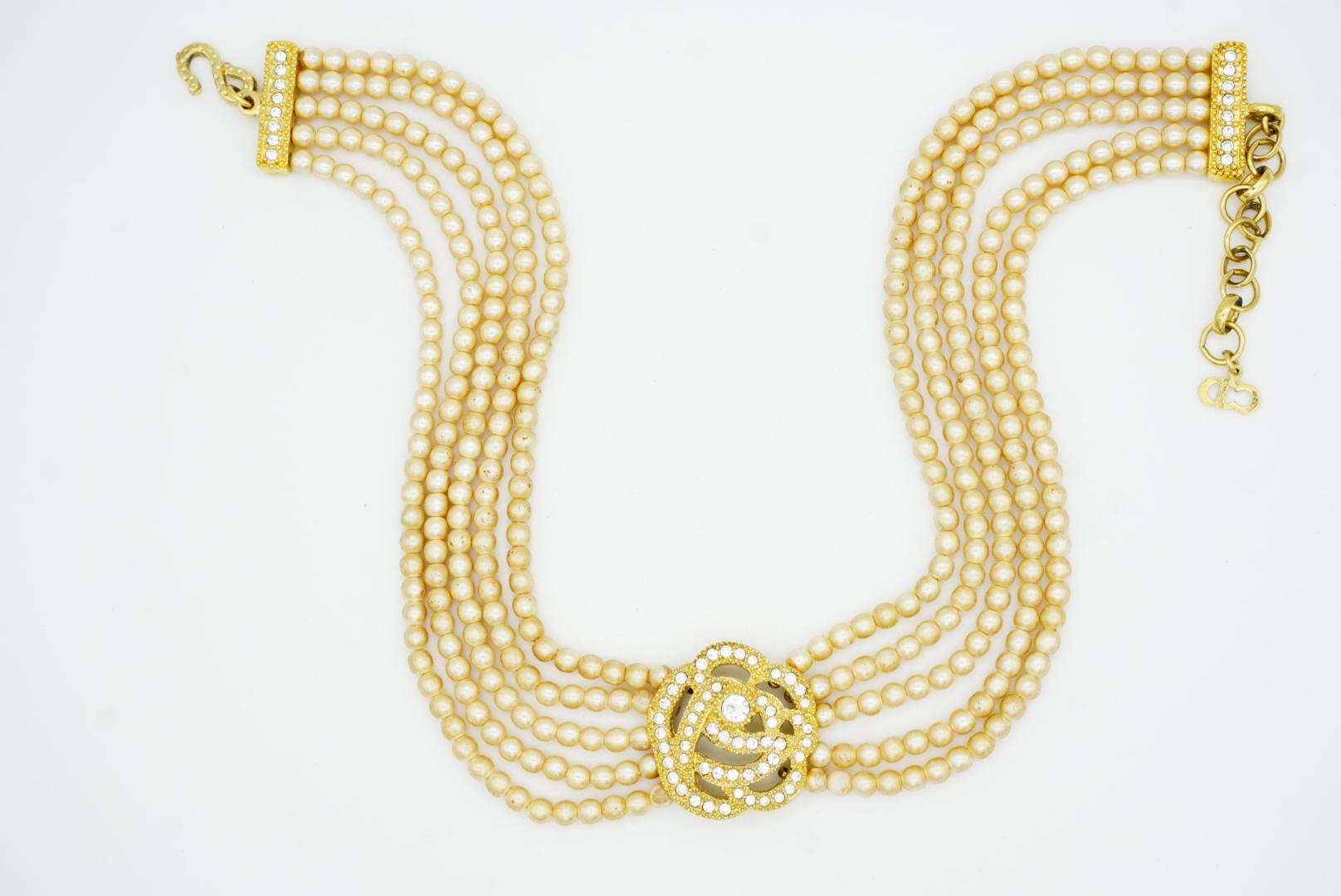 Christian Dior Vintage Rose Crystals Openwork Pearls Five Layer Choker Necklace For Sale 2
