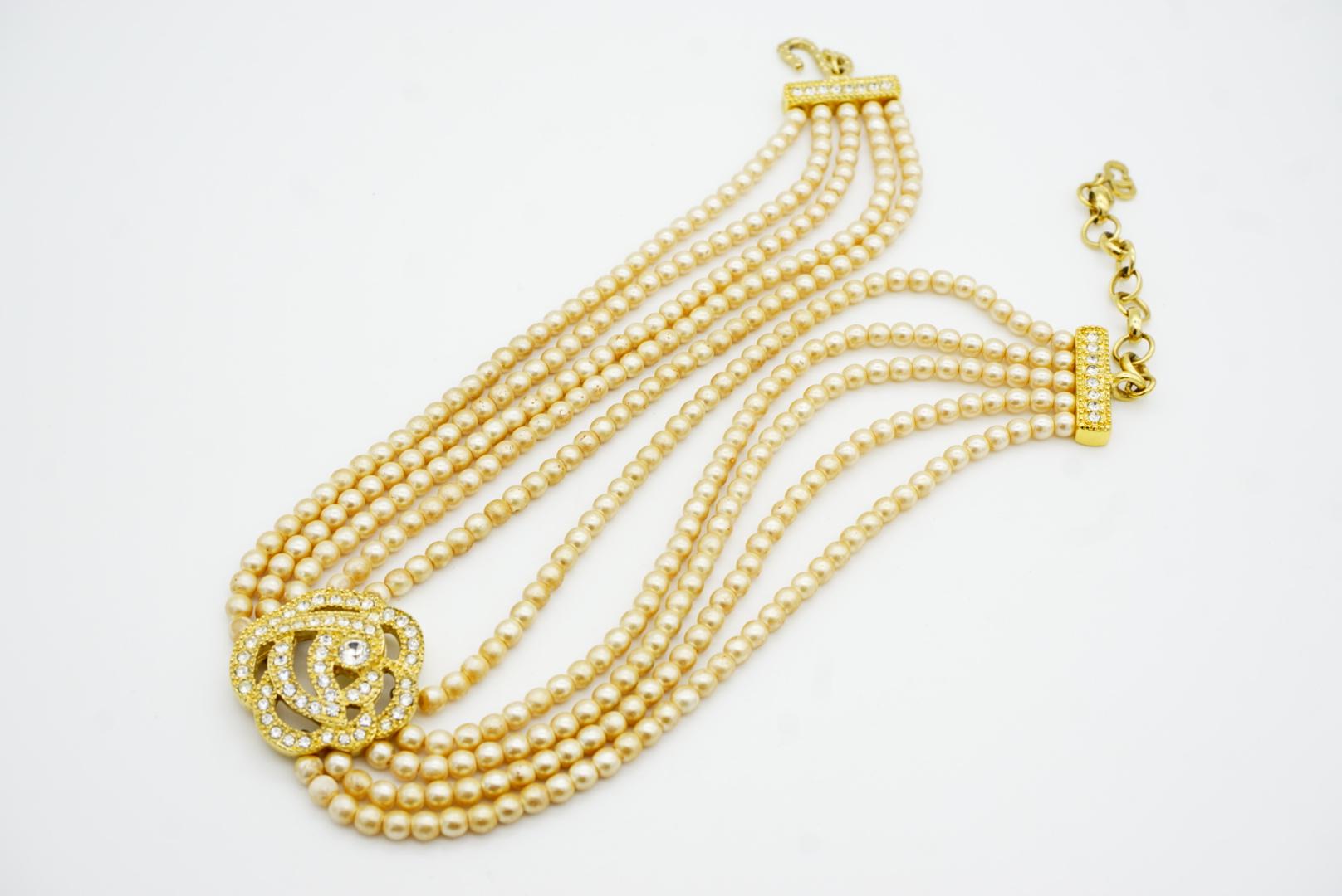 Christian Dior Vintage Rose Crystals Openwork Pearls Five Layer Choker Necklace For Sale 3