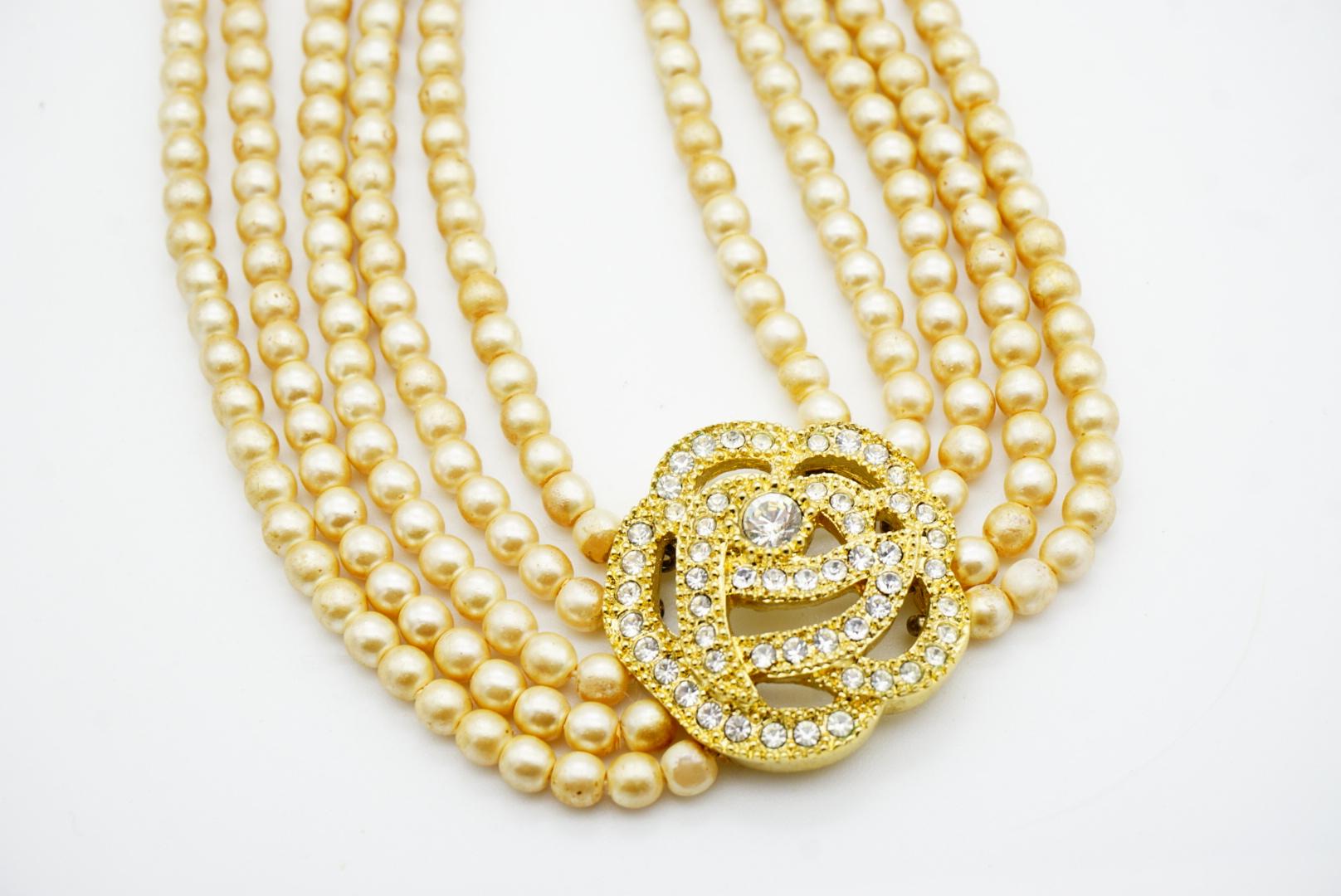Christian Dior Vintage Rose Crystals Openwork Pearls Five Layer Choker Necklace For Sale 4