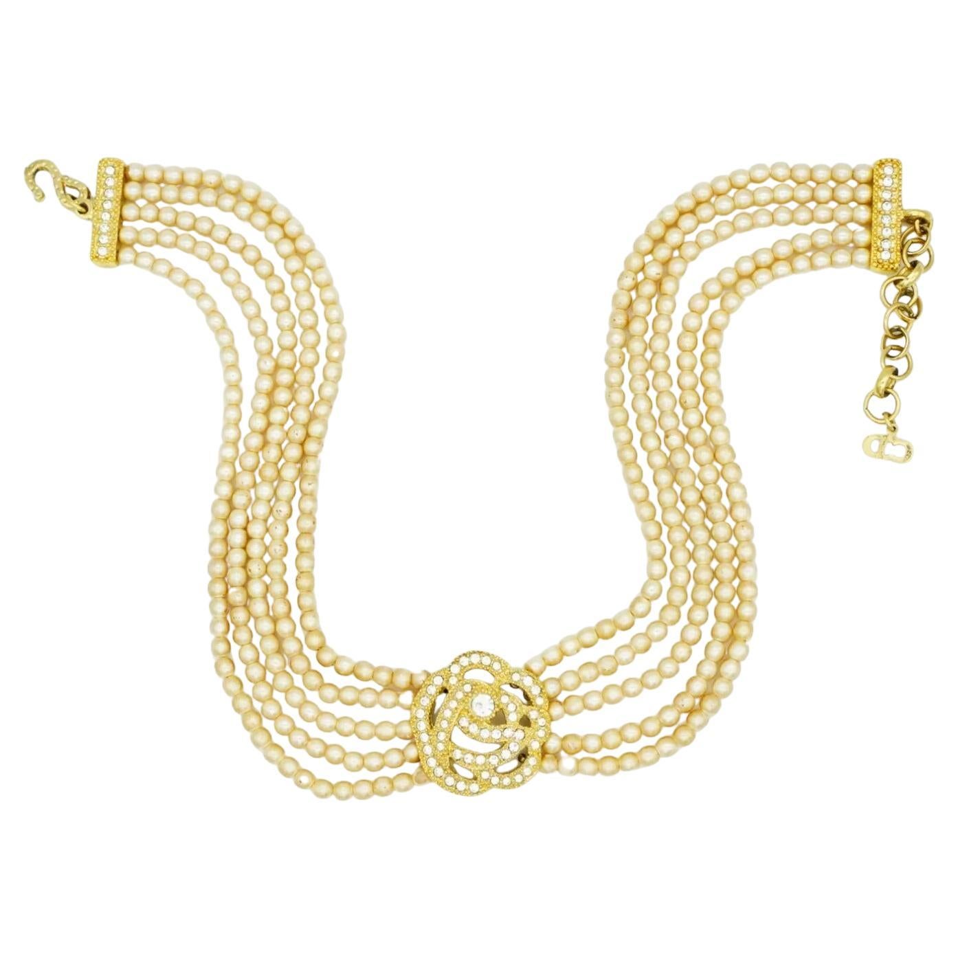 Christian Dior Collier ras du cou vintage en perles ajourées et cristaux roses