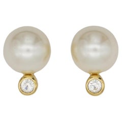Christian Dior Vintage Round White Pearl Crystals Elegant Gold Clip Earrings