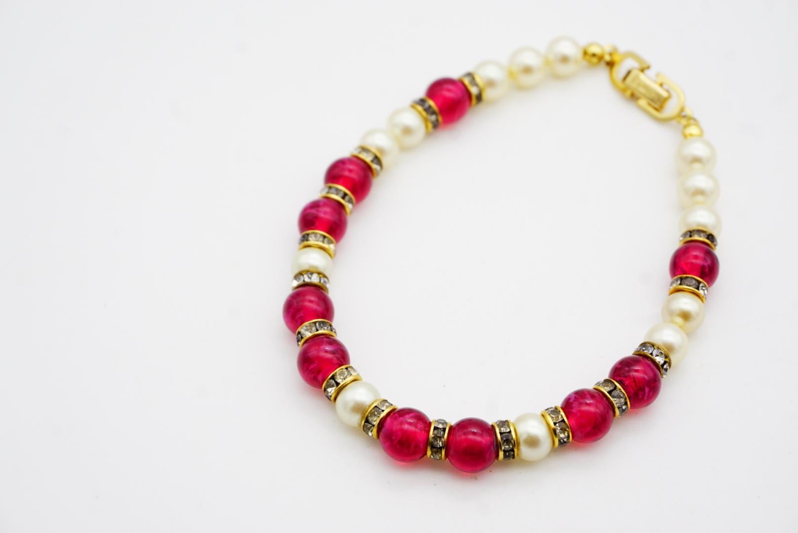 Christian Dior Vintage Ruby Cabochon White Beads Pearls Crystal Tennis Bracelet For Sale 5