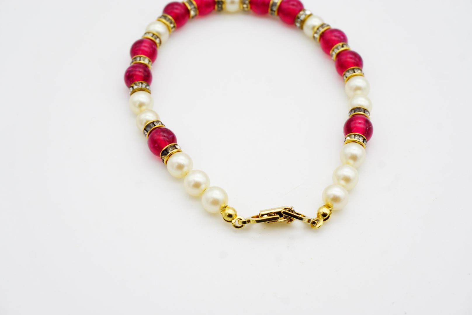 Christian Dior Vintage Ruby Cabochon White Beads Pearls Crystal Tennis Bracelet For Sale 6