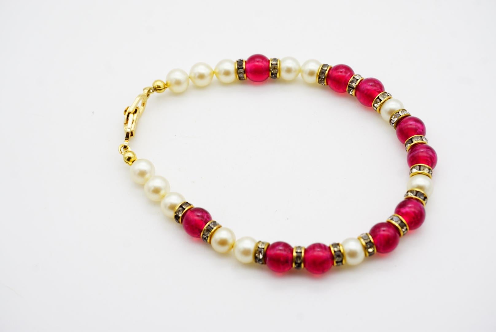 Christian Dior Vintage Ruby Cabochon White Beads Pearls Crystal Tennis Bracelet For Sale 7