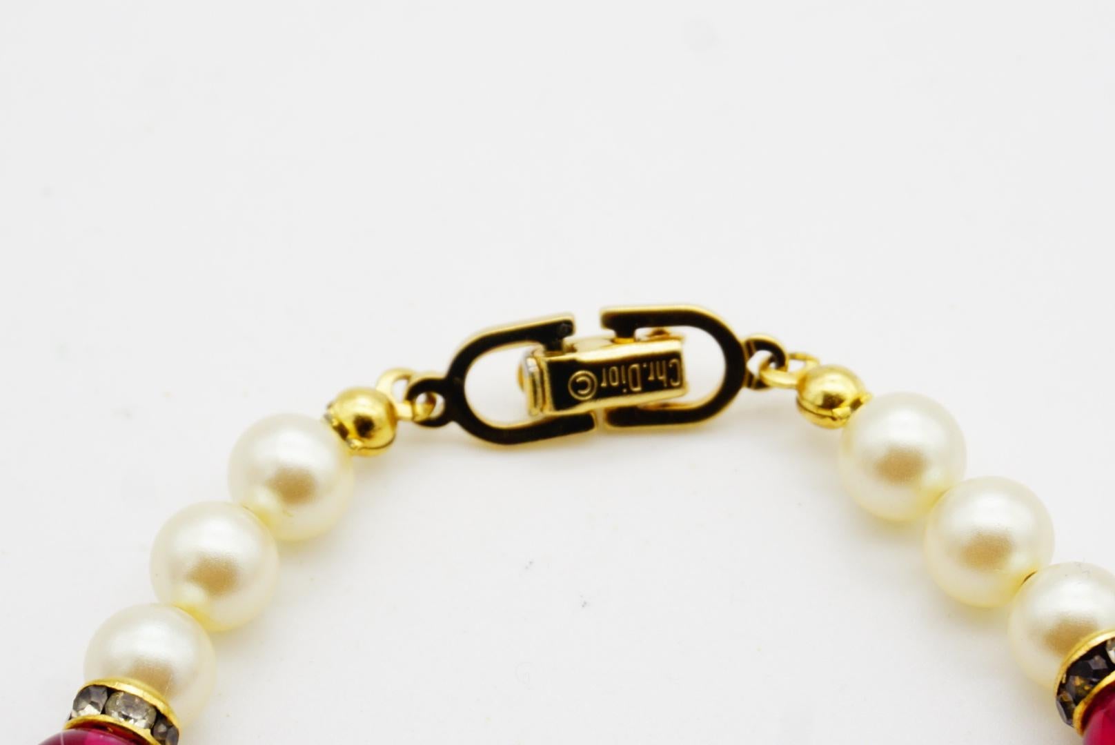 Christian Dior Vintage Ruby Cabochon White Beads Pearls Crystal Tennis Bracelet For Sale 8