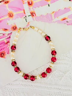 Christian Dior Vintage Ruby Cabochon White Beads Pearls Crystal Tennis Bracelet