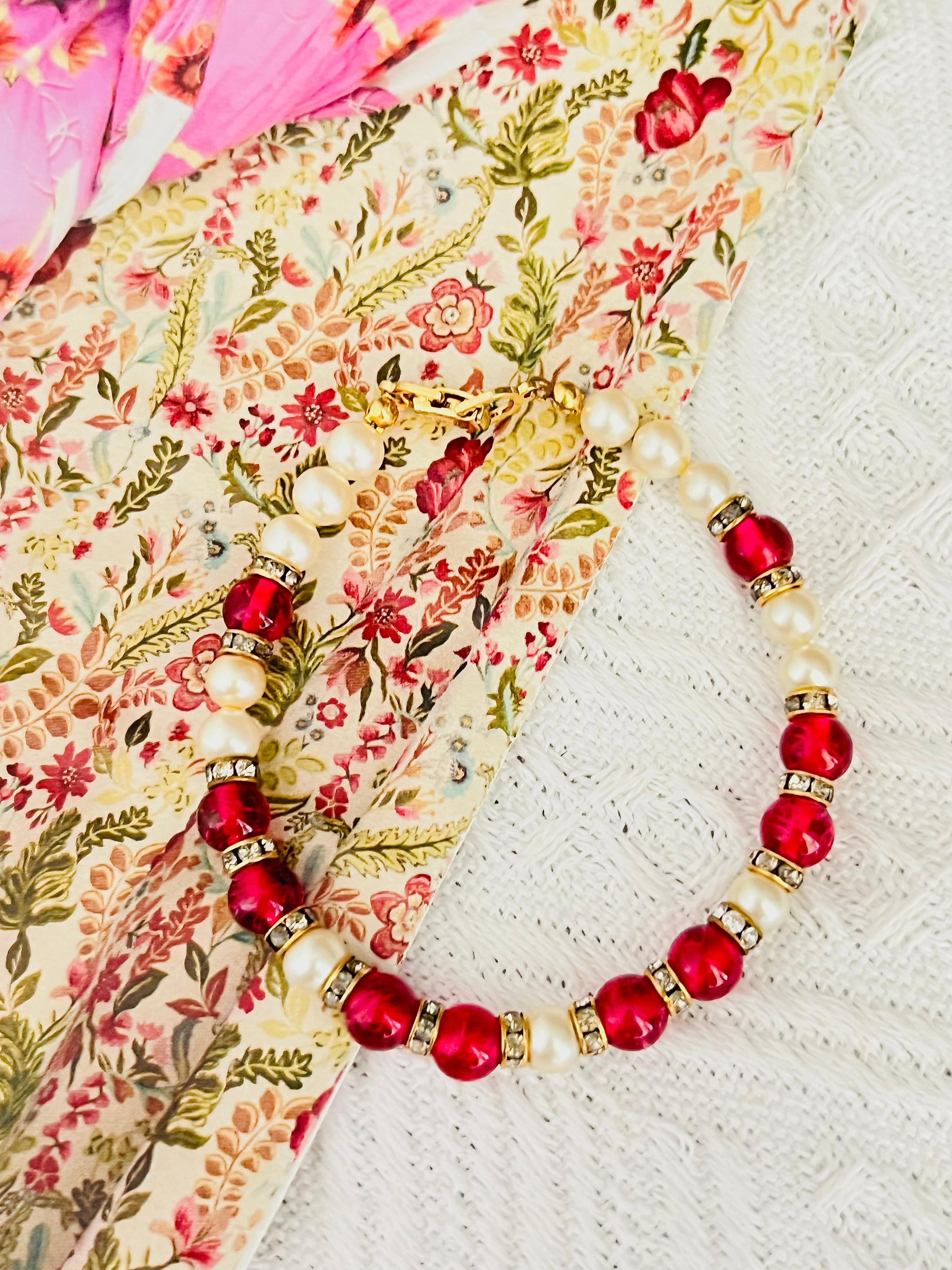 Art Deco Christian Dior Vintage Ruby Cabochon White Beads Pearls Crystal Tennis Bracelet For Sale