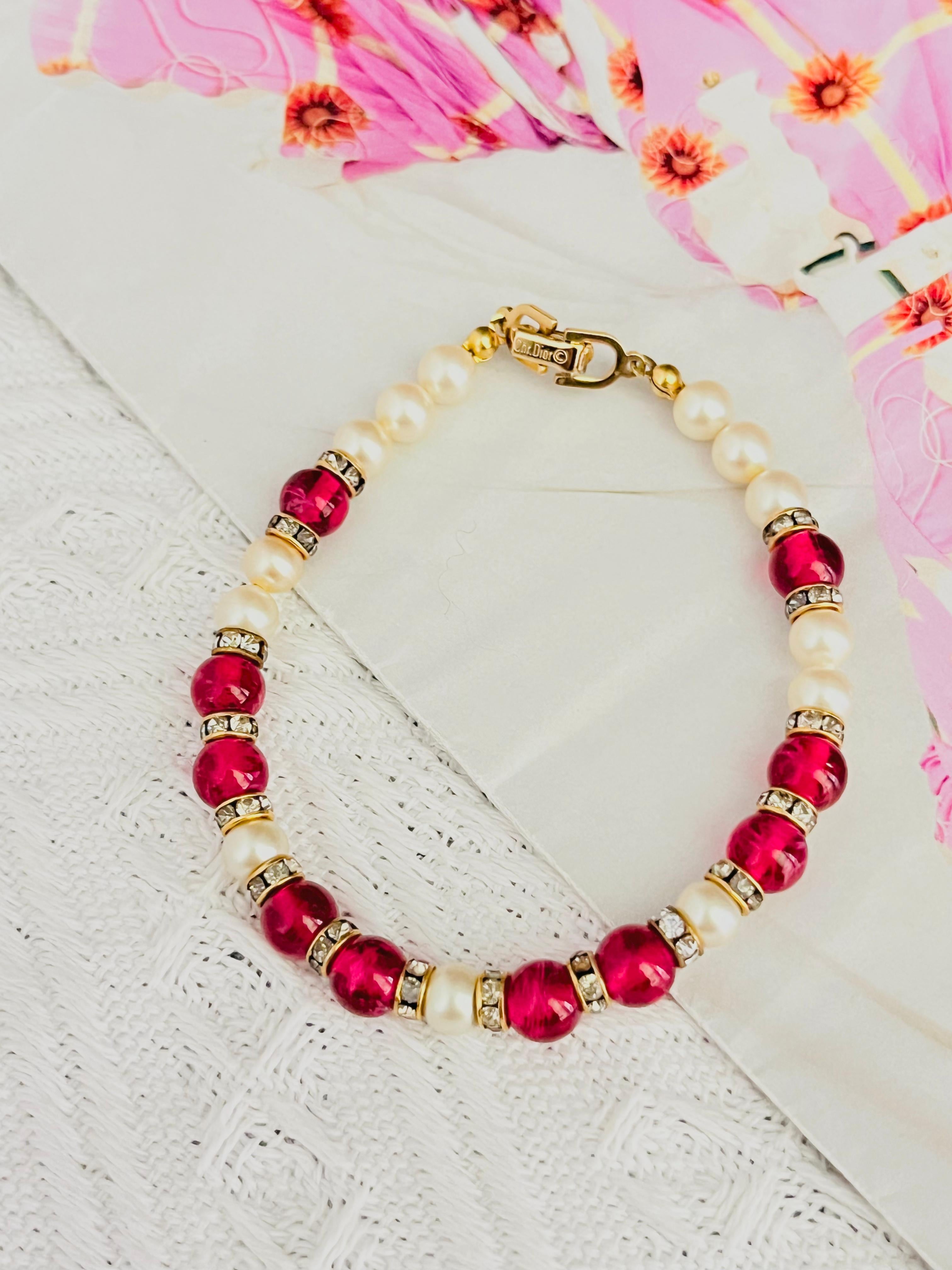 Christian Dior Vintage Ruby Cabochon White Beads Pearls Crystal Tennis Bracelet In Good Condition For Sale In Wokingham, England